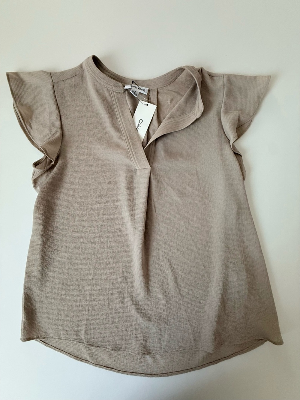 Calvin Klein Taupe Flutter-Sleeve Split-Neck Top